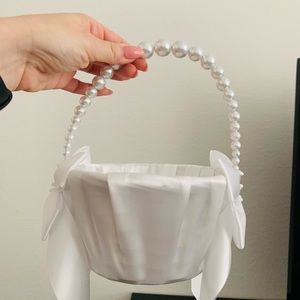 White pearl flower girl basket